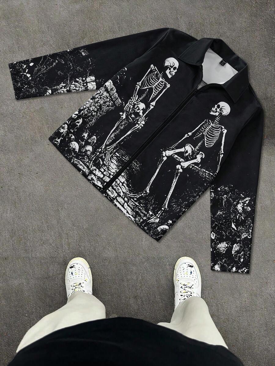 Manfinity EMRG Manfinity EMRG Men's Casual Zip-Up Front Skull Print Long Sleeve Jacket,Boyfriend Gifts