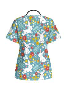PopScrub Easter Cartoon Floral Green Leaf Motif Casual V-Neck Blouse Top, Scrub Uniform - White - View 2