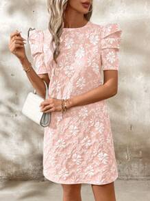 SHEIN Clasi Women's Puff Sleeve Textured Jacquard Dress - Pink - View 3