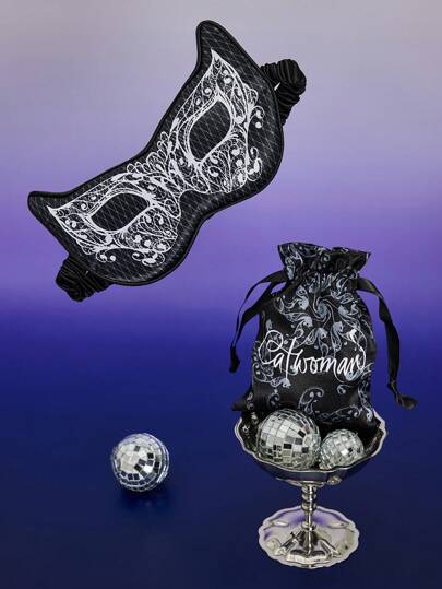 CATWOMAN X SHEIN Maska do spania z nadrukiem z jedwabiu syntetycznego, z torbą do przechowywania