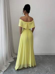 Rafferiza French Elegant Cocktail Party Wedding Guest Off Shoulder Ruched Bodycon Chiffon See-Through Flowy Mermaid Dress, Yellow, Women, Spring/Summer - Yellow - View 2