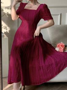 DAZY Women's Elegant Solid Color Textured Waist Dress Summer Elegant Sundress