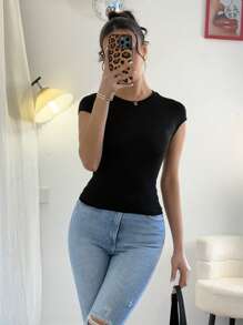 Chiquease Stylish Hollow Out Back Design Women's Summer Round Neck Drawstring Knit T-Shirt, Fitted Short Crop Top - Orange - View 5