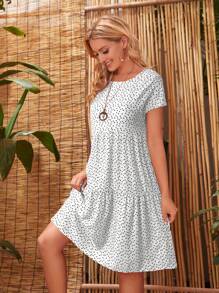 EMERY ROSE Women Heart & Polka Dot Print Crew Neck Short Sleeve Ruffle Hem A-Line Dress