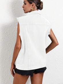 SHEIN LUNE Chaleco/chaqueta vaquera casual, versátil y de unicolor simple - Blanco - Ver 2