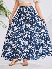 SHEIN Jupe longue décontractée pour les vacances à la plage, imprimé floral et végétal bleu et blanc, froncée, pour les adolescentes. Printemps et été