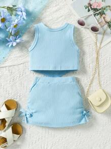 SHEIN Conjunto elegante de blusa con bajo asimétrico y minifalda decorada con moño para bebé niña. Conjunto de ropa delgada de verano para bebé niña - Azul - Ver 2