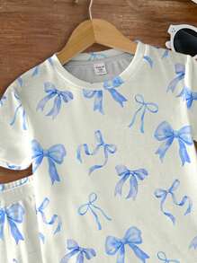 SHEIN Leap Crew Tween 女童休闲简约短袖短裤睡衣套装，罗纹面料，贴身剪裁，适合春夏季 - 白色 - 查看 4