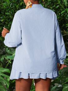 Slaydiva Plus Size Women's Elegant Lightweight Striped 2 Pieces Set - Blue - View 2