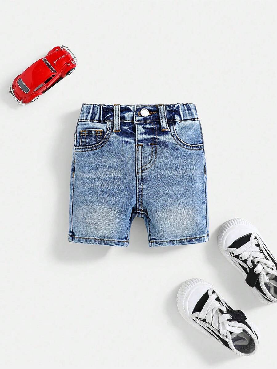 SHEIN Baby Boys Summer Casual Soft Washed Cat Whiskers Snug Fit Blue Denim Shorts, Baby Spring/Summer Clothes Spring Break Outfit Daily Wear Outfits - Light Wash - View 1