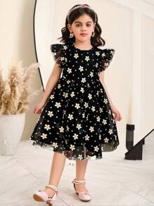 SHEIN Young Girl's Elegant Floral Print Round Neck Cap Sleeve Mesh Overlay Dress
