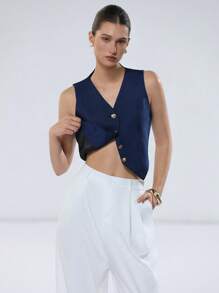 SHEIN Privé Women's Commuter-Style V-Neck Hemline Split Metallic Button Denim Effect Cropped Top - Blue - View 6