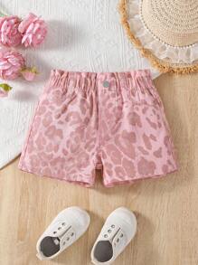 Baby Girls Stylish Cute Pink Floral High Waist Short Denim Shorts, Casual Everyday Versatile Spring/Autumn - Pink - View 1