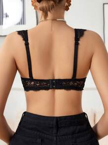 1pc Romantic & Sexy Lace Strap & Underwire Push Up Lingerie Bra, Minimalist Design - Black - View 2