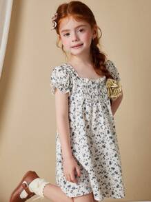 Blossori Young Girls' Elegant French Style White Ground Gray Ditsy Floral Jacquard Fabric Collared A-Line Dress, Spring/Summer - Multicolor - View 3