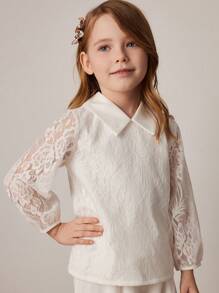 PrepCrw Young Girls Lace Polo Collar Top And Woven Pants Set, White, Spring/Summer - White - View 4