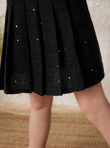 PrepCrw 年轻女孩宽松松紧腰百褶裙，编织黑色女学生风格，秋冬 - 黑色 - 查看 7