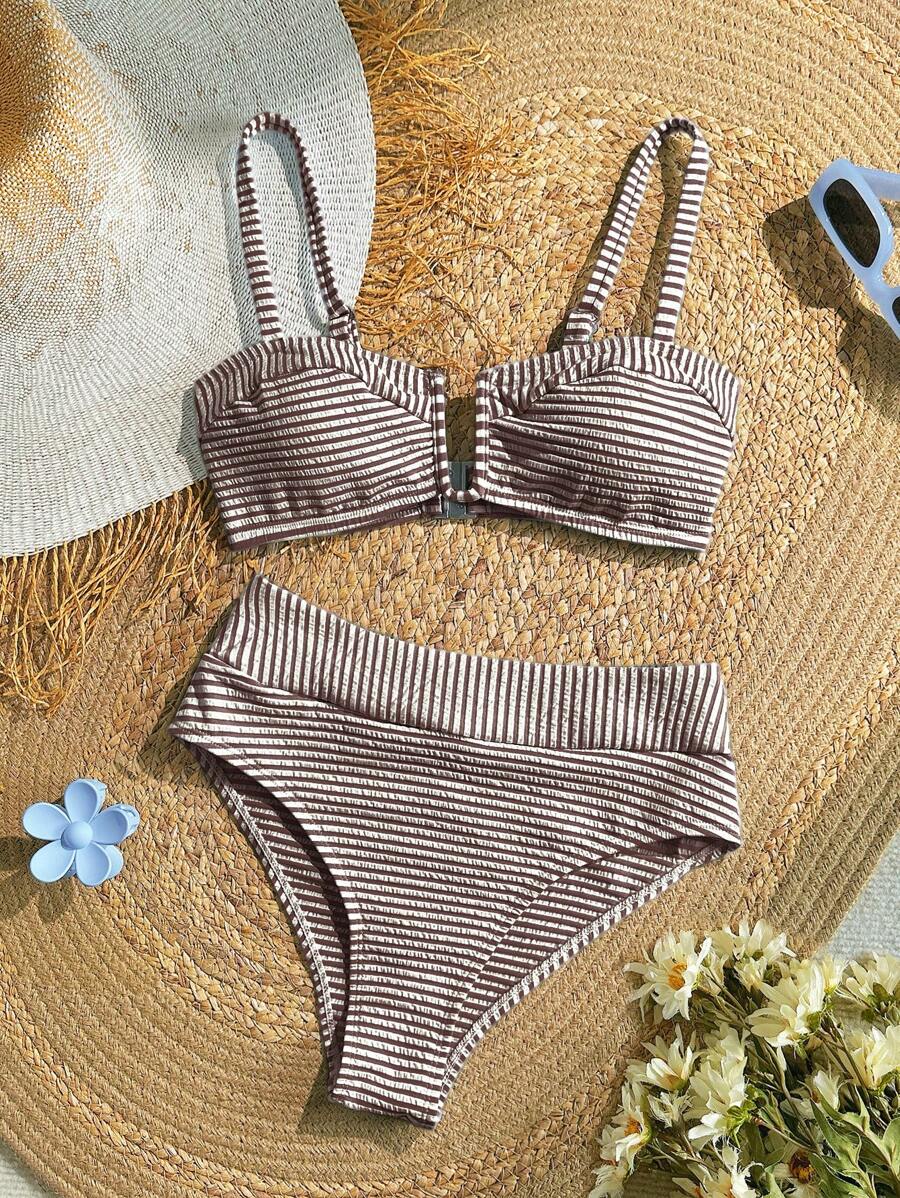 SHEIN VCAY 加大码女式条纹印花比基尼套装，适合海滩度假