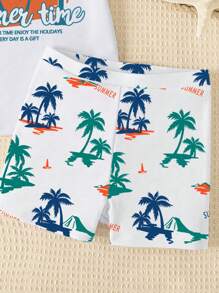 Young Boy Casual Classic Tropical Beach Coconut Tree Pattern Print Loose Fit Round Neck Short Sleeve T-Shirt & Shorts & Swimwear Set, Suitable For Summer - Multicolor - View 4