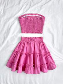 SHEIN Leap Crew Teen Girls Beach Vacation Elegant Pink Crinkle Texture Ruffled Camisole Top & Ruffle Hem Skirt 2 Pieces Set - Pink - View 2