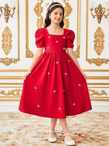 Tween Girls 优雅珍珠串珠方领羊腿袖荷叶边下摆纯色缎面派对礼服，适合婚礼、生日、派对