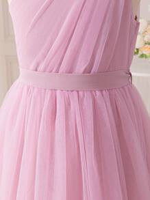 SHEIN Glamorique Kids Tween Girls Sleeveless Ruched Waist Long Dress, Elegant Design For Party, Wedding, Events