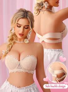 Wedding Lace Strapless Non-Slip Non-Drooping Anti-Flashing Invisible Backless Lingerie Bra, Gathering Lift Small Bust Enhancer, Criss-Cross Back Design, Comes With Regular & Invisible Shoulder Straps - Beige - View 6