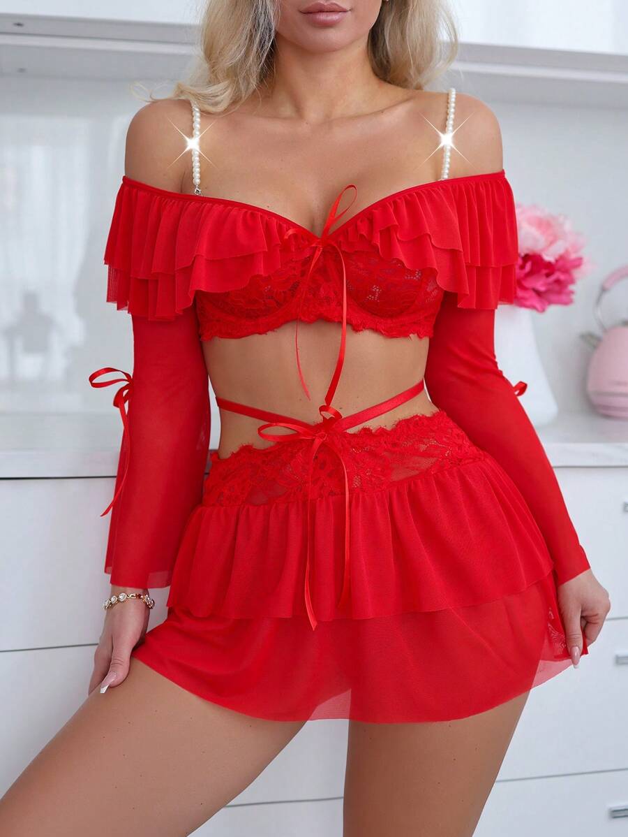 4 件套女士性感珍珠装饰内衣套装 - 紅色 - 查看 1