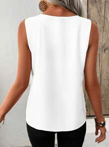 SHEIN LUNE Top sin mangas de verano para mujer, diseño de cuello hueco, estampado digital de plumas, tejido tejido, corte holgado casual, adecuado para el Ramadán y vacaciones