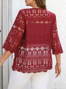 SHEIN Clasi Plus Size Women Elegant Solid Color Sheer Lace Blouse,Modesty Clothes Women,Crochet Top,Spring Outfits For Women,Red Top,Summer Tops,Vacation Style,Summer Outfits For Women,Summer Tops,Modesty Clothes Women,Floral,Shirts Women,Funny Shirts,Suitable For Everyday Elegant Wear,Vacation Outfits Woman,Summer Outfits For Women,Business Casual Woman,Going Out Tops Women ,Office Wear Women,Spring Outfits For Women,Festival ,Old Money, Short Sleeve Tops Women,Elegant Woman Clothing,Modesty Clothes Women,Casual Tops Women,Spring Break,St Patrick Day Shirt - Red - View 3