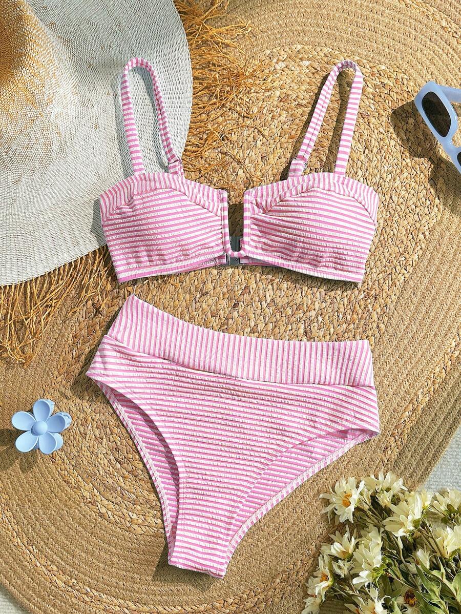 SHEIN VCAY Women 2pcs/Set Strap Striped Bikini Set, High Waist Triangle Swimwear - Pink - View 1