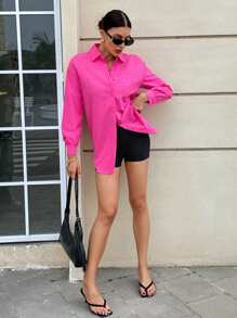 SHEIN Frenchy Bộ đồ đôi Y2K Streetwear 2 món: Áo sơ mi cài nút màu hồng đậm cỡ lớn & quần short bodysuit đen bó - Trang phục thể thao dành cho nữ khi đi du lịch sân bay, thường ngày mùa hè (Bộ đồ thể thao) - Nhiều màu - Xem 4