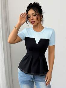 Elenzga 2025 Nieuw Mode Patchwork Ontwerp Taille Cinching Korte Mouw T-shirt