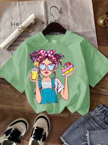 SHEIN Leap Crew Tween Girls 休闲卡通图案 T 恤，多件装，适合夏季