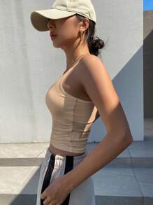 DAZY 女式修身褶皱弹力带大领吊带背心，夏季 - 杏色 - 查看 3