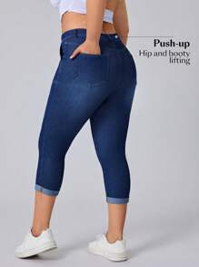 SHEIN Essnce 大码女式弹力牛仔裤，卷边设计，百搭紧身款式 - 藍色 - 查看 8