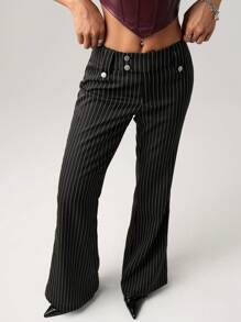 SHEIN ICON Quần ống loe sọc cạp thấp thời trang Y2K đi làm dành cho nữ, mặc hàng ngày - màu đen - Xem 4