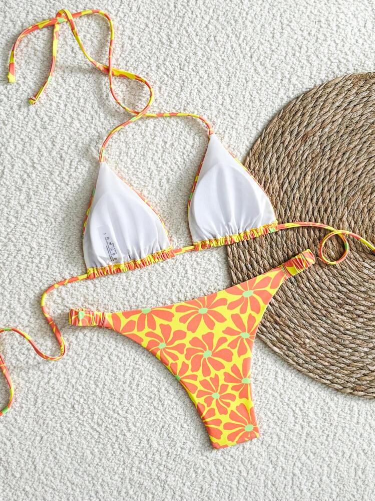 Swim Mod 1 Set Women's Random Print Halter Swimwear & Triangle Swimwear Bottoms For Summer Beach Vacation - Multicolor - View 2