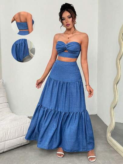 Rafferiza Set de 2 piezas Vestido de vacaciones para mujer con top bandeau azul elegante con twist y falda larga plisada, para primavera/verano