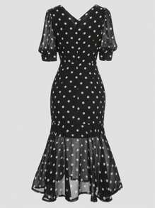 Rometta Plus Size Women's Black & White Polka Dot Mid-Sleeve Fishtail Hem Dress - Black - View 2