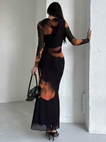 Aloruh Elegant Neck Long Sleeve Autumn/Winter Tie Dye Mesh Print Party Cocktail Dress