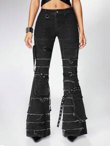 ROMWE Grunge Punk Punk Music Festival, Distressed Washed Design Low Waist High Stretch Slim Fit Flare Jeans For Women - Black - View 6