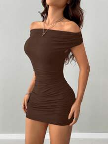 INAWLY 性感露肩褶饰修身迷你连衣裙