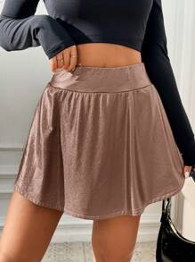 SHEIN Essnce 女士休闲纯色亮面运动休闲高腰半身裙，带侧袋 - 銅色 - 查看 6