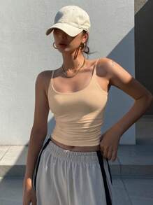 DAZY 女式修身褶皱弹力带大领吊带背心，夏季 - 杏色 - 查看 5