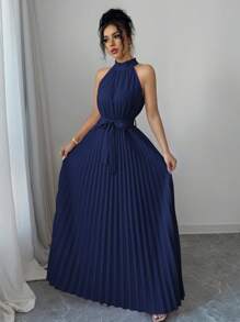 Elenzga 情人节女士荷叶边 V 领褶皱修身喇叭形优雅浪漫连衣裙 - 藏蓝色 - 查看 5