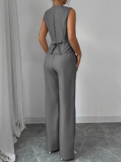 Selianne Bộ đồ vest không tay cổ chữ V thắt eo thanh lịch, trang nhã, công sở giản dị cho nữ và quần ống đứng, màu trơn