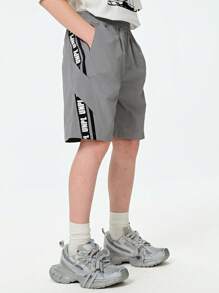 SHEIN Explorewe Tween Boys Casual Letter Graphic Ribbon Decor Shorts - Grey - View 3