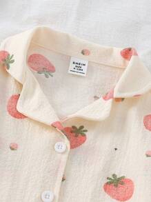 Genkimix Kids 2pcs Baby Girl Strawberry Print Crepe Woven Short Sleeve Cardigan With Collar & Ruffles & Pants Homewear Set, New Design,Summer,Travel - Apricot - View 6