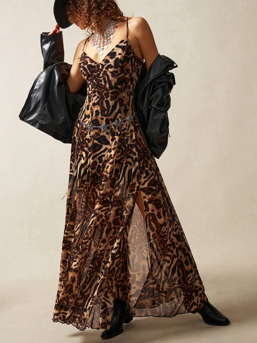 Bohemela Boho Women's Fashionable Sexy Leopard Print Mesh Split Strap Dress